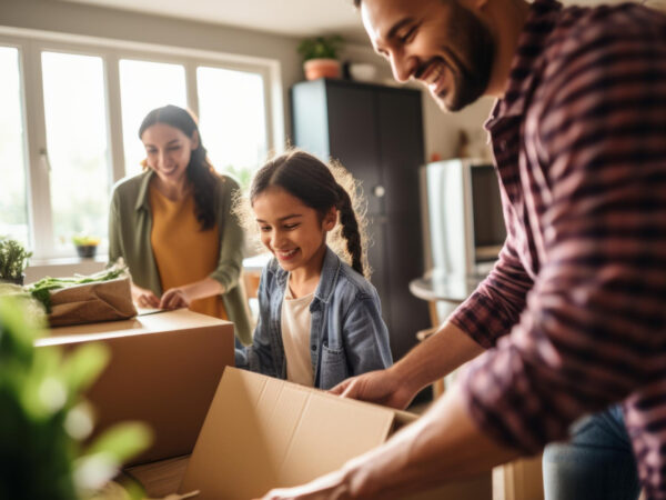 Une famille joyeuse préparant des boîtes pour déménager, illustrant un déménagement efficace et sans stress, même en situation de garde alternée.