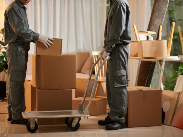 "Image illustrant des boîtes de déménagement, des objets d'ameublement et des fournitures de déménagement indispensables pour illustrer tout ce qu'il faut pour un premier emménagement"