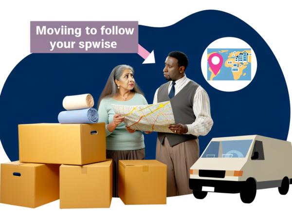 "Couple heureux faisant des préparatifs de déménagement, symbolisant le déménagement pour suivre son conjoint".