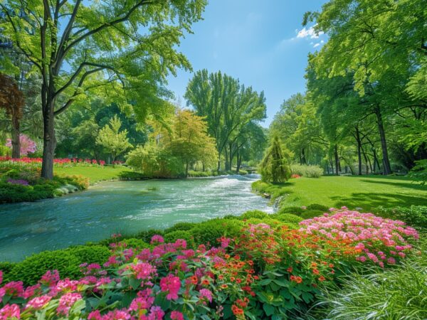 Vue panoramique d'un parc luxuriant avec des espaces verts à Genève, illustrant la transition écologique de la ville.