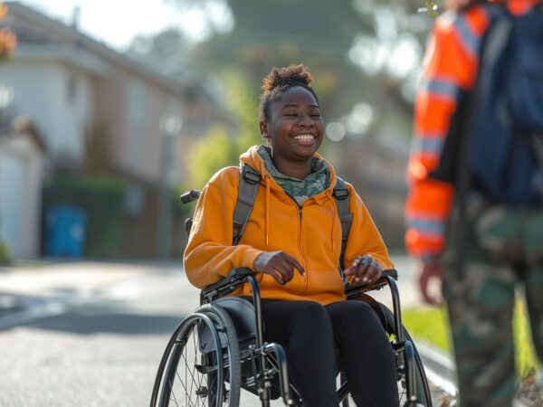 Personne en fauteuil roulant recevant une assistance de déménagement grâce à des aides financières sous le programme de Genève inclusive pour les personnes handicapées.